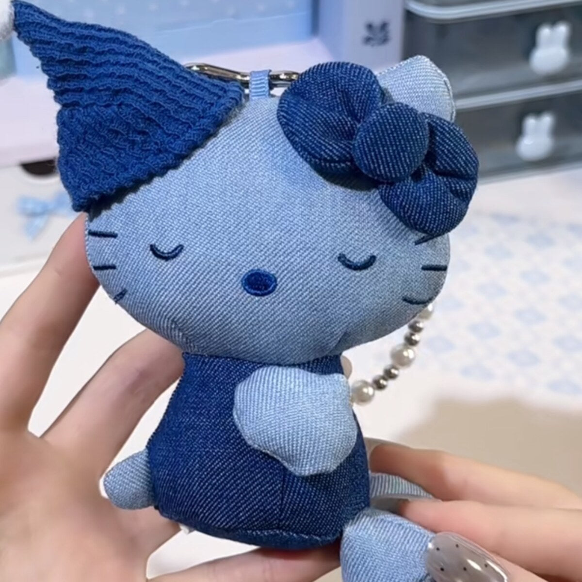 Hello Kitty denim series plush charm in blue denim with blue bow