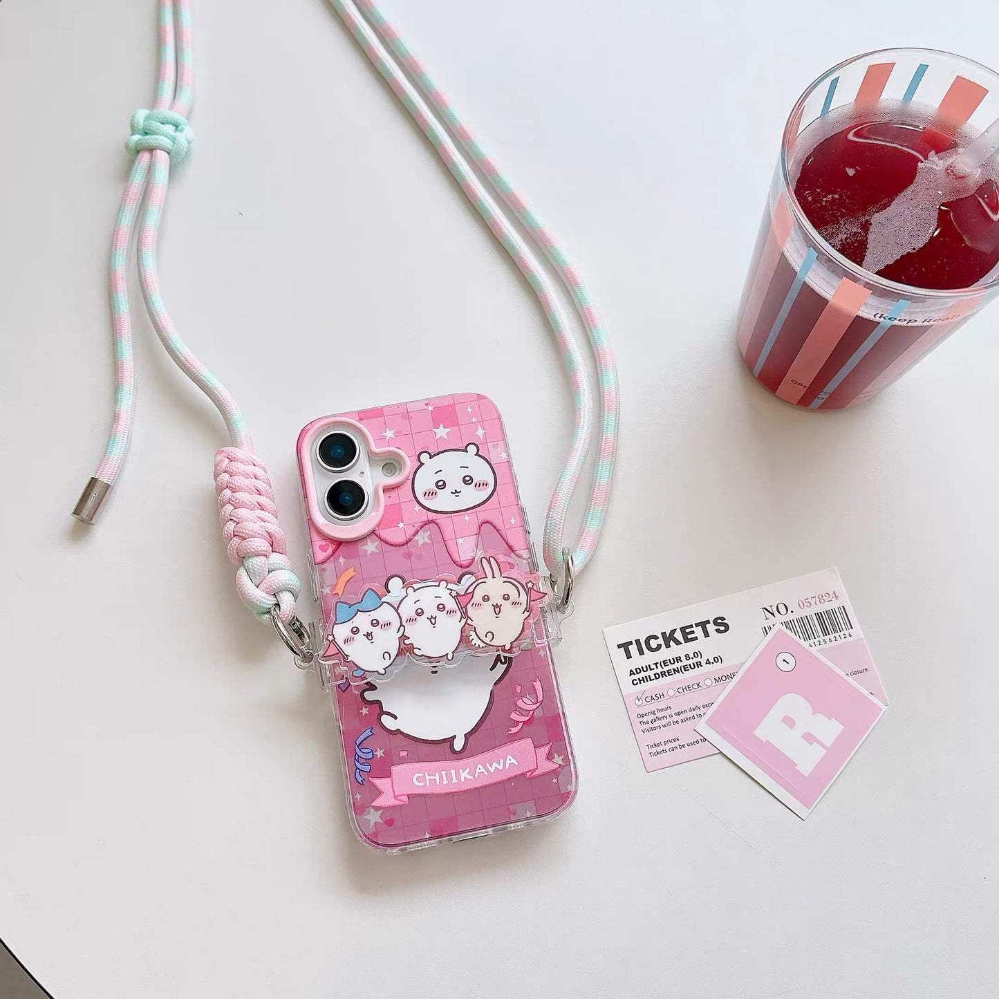 Japanese Cartoon Phone Back Clip with Phone Lanyard | Chiikawa Pink & Mint Green - for All Smart Phones