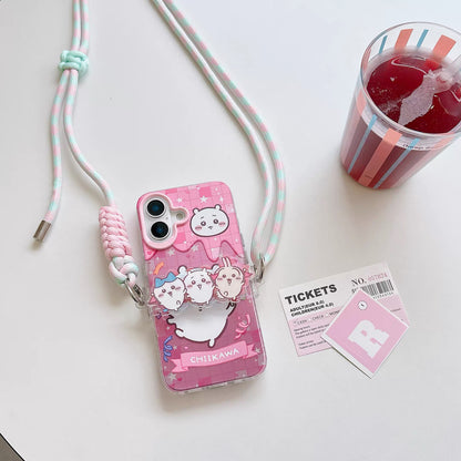 Japanese Cartoon Phone Back Clip with Phone Lanyard | Chiikawa Pink & Mint Green - for All Smart Phones