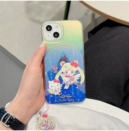 Japanese Cartoon iPhone Case with Strap | Laser Sailor Girl X Hello Kitty Kuromi Cinnamorll Pompompurin - iPhone Case Phone Case 7 8 PLUS SE2 XS XR X 11 12 13 14 15 Pro Promax 12mini 13mini