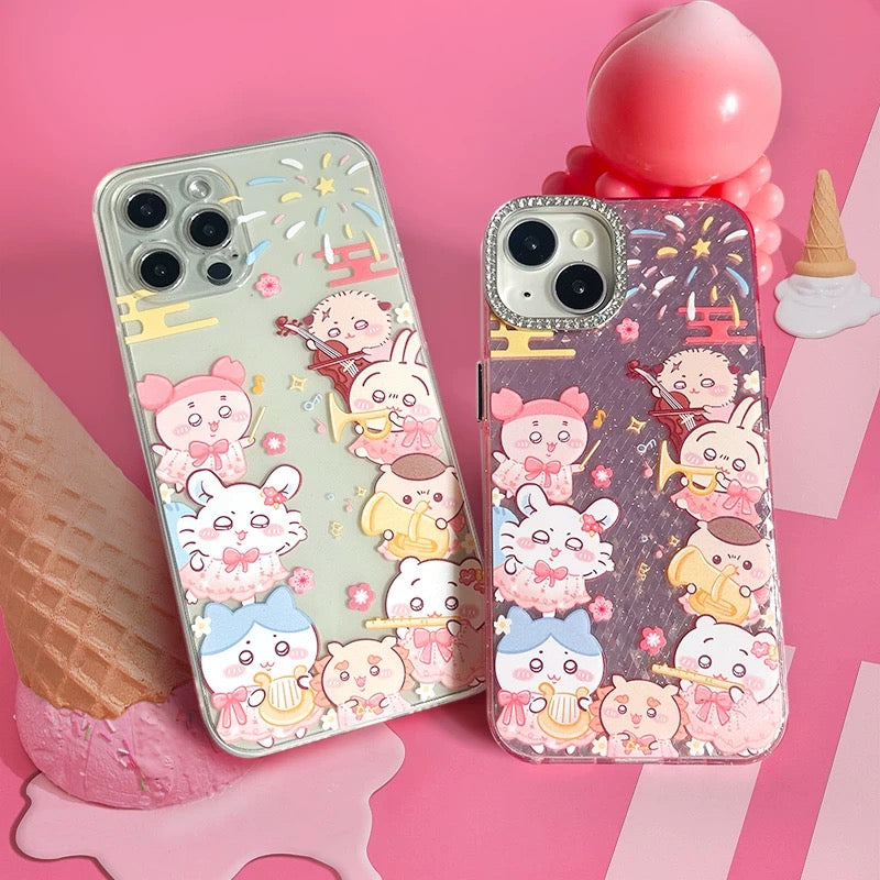 Japanese Cartoon ChiiKawa | Music Party with Firework Chiikawa Hachiware Usagi Momonga Kurimanju Rakko Shisa Crab Clear Laser - iPhone Case 11 12 13 14 15 16 Pro Promax