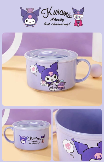 Sanrio Ceramic Bowl with Plastic Cover | Hello Kitty My Melody Kuromi Cinnamoroll Pompompurin Pochacco - Rice Noodles Bowl Food Box