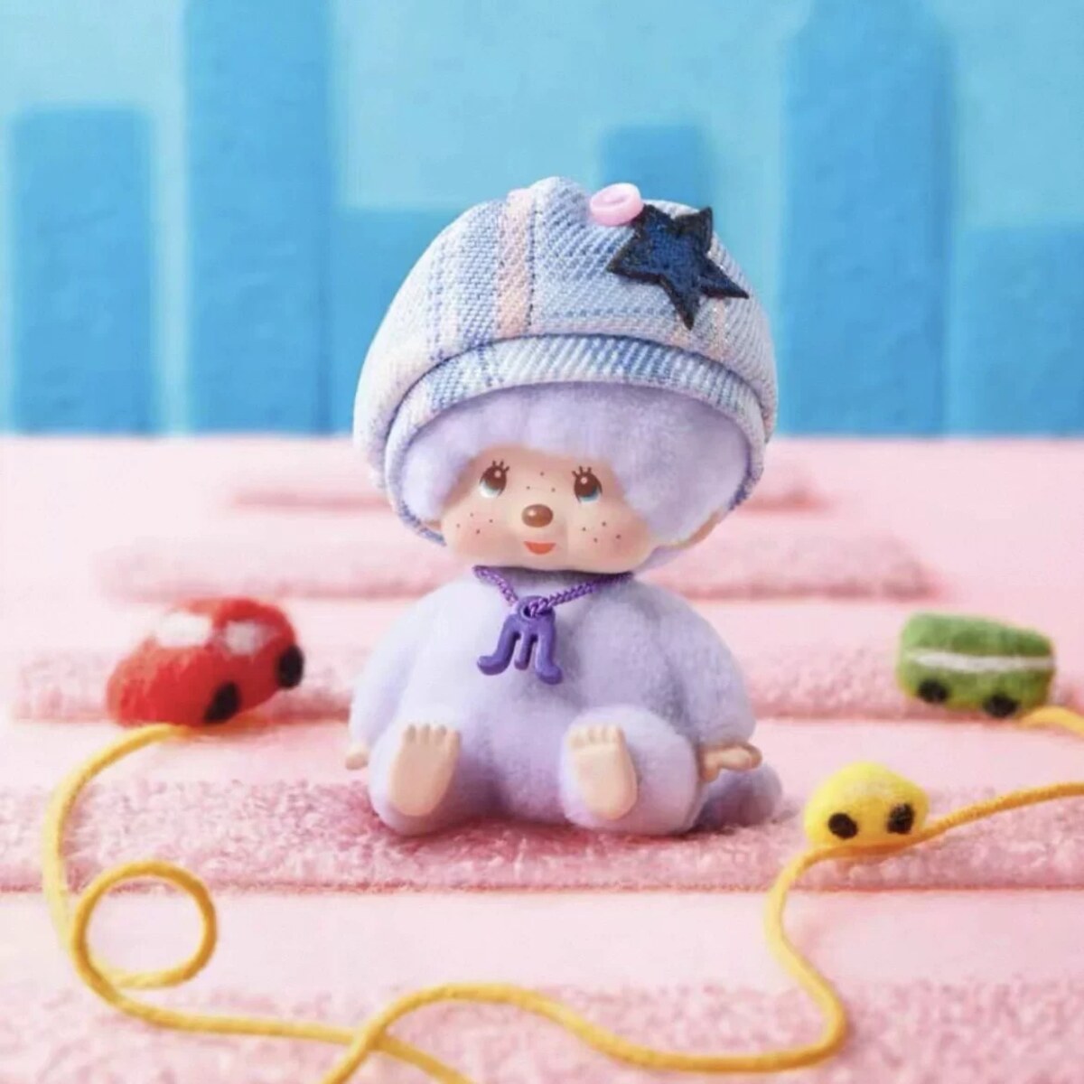Monchhichi Macarons blind box plush pendant Lavender design with denim star cap