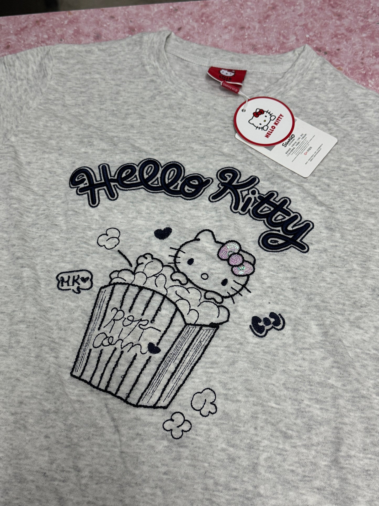 Korean Fashion Cute Cartoon Style T-Shirt Series | Bling Bling Embroidery Popcorn Hello Kitty - Kawaii Fashion Items