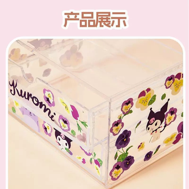 Sanrio X Miniso | Hello Kitty My Melody Kuromi Cinnamoroll Pochacco Flower Garden 2 Layers Storage Drawer - Kawaii Desk Helper items Room Decoration