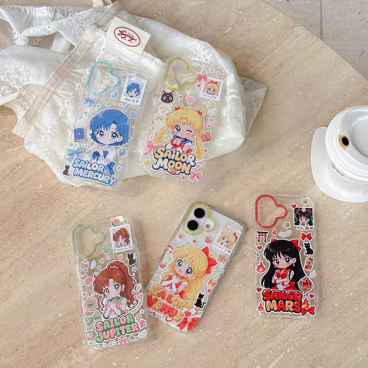 Japanese Cartoon Sailor Moon Gittler Colour Clear Case Version | Sailor Moon Mercury Mars Jupiter Venus - iPhone Case PLUS SE2 XS XR X 11 12 13 14 15 16 16e 17 17e Pro Promax 12mini 13mini