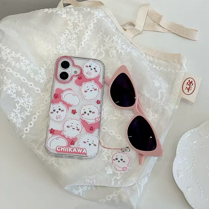 Japanese Cartoon ChiiKawa Gittler Colour Clear Case with Phone Strap | Full Emo Chiikawa Hachiware Usagi Momonga - iPhone Case Plus SE2 11 12 13 14 15 16 16e 17 17e Pro Promax 12mini 13mini