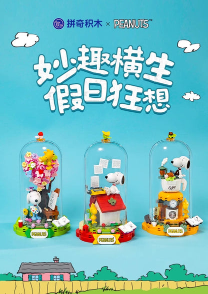 Pan Tasy x Peanut Fun Holiday Series | Cofffee Drawing Writing Time - Lovely Dog and Yellow Birds Building Blocks Toy Collections