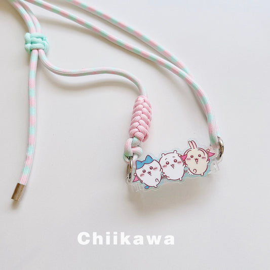Japanese Cartoon Phone Back Clip with Phone Lanyard | Chiikawa Pink & Mint Green - for All Smart Phones