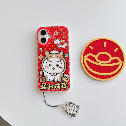 Japanese Cartoon ChiiKawa Laser Phone Case with Strap | Red Horse ChiiKawa Hachiware Usagi - iPhone Case PLUS SE2 11 12 13 14 15 16 16e 17 17e Pro Promax 12mini 13mini