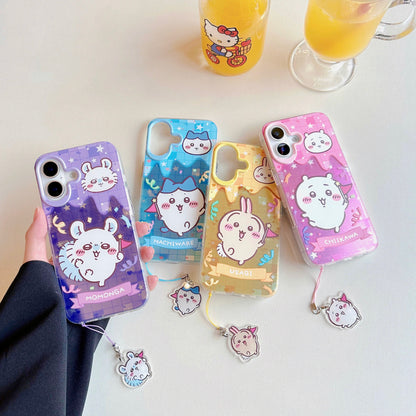 Japanese Cartoon ChiiKawa iPhone Case with Strap | Laser Happy Party Chiikawa Hachiware Usagi Momonga - iPhone Case 7 8 PLUS SE2 XS XR X 11 12 13 14 15 16 17 Pro Promax 12mini 13mini