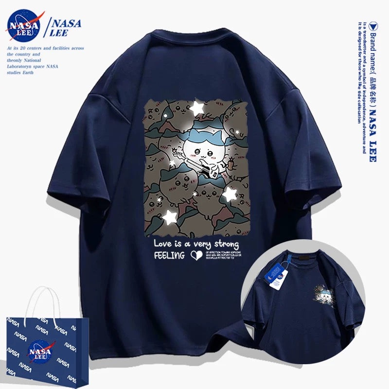 Japanese Cartoon ChiiKawa Casual Style T-Shirt Series | Hachiware with Night Stars Front & Back - Kawaii Fashion Items