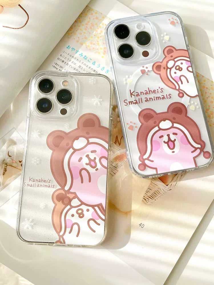 Japanese Cartoon Kanahei | Winter with Bear Hat Pink Rabbit and White Chicken - iPhone Case 13 14 15 Pro Promax