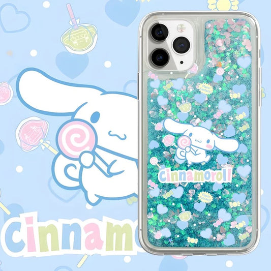 Japanese Cartoon Cinnamoroll with Lolipop -  Blue Glitter QuickSand iPhone Case 6 7 8 PLUS SE2 XS XR X 11 12 13 14 15 Pro Promax 12mini 13mini