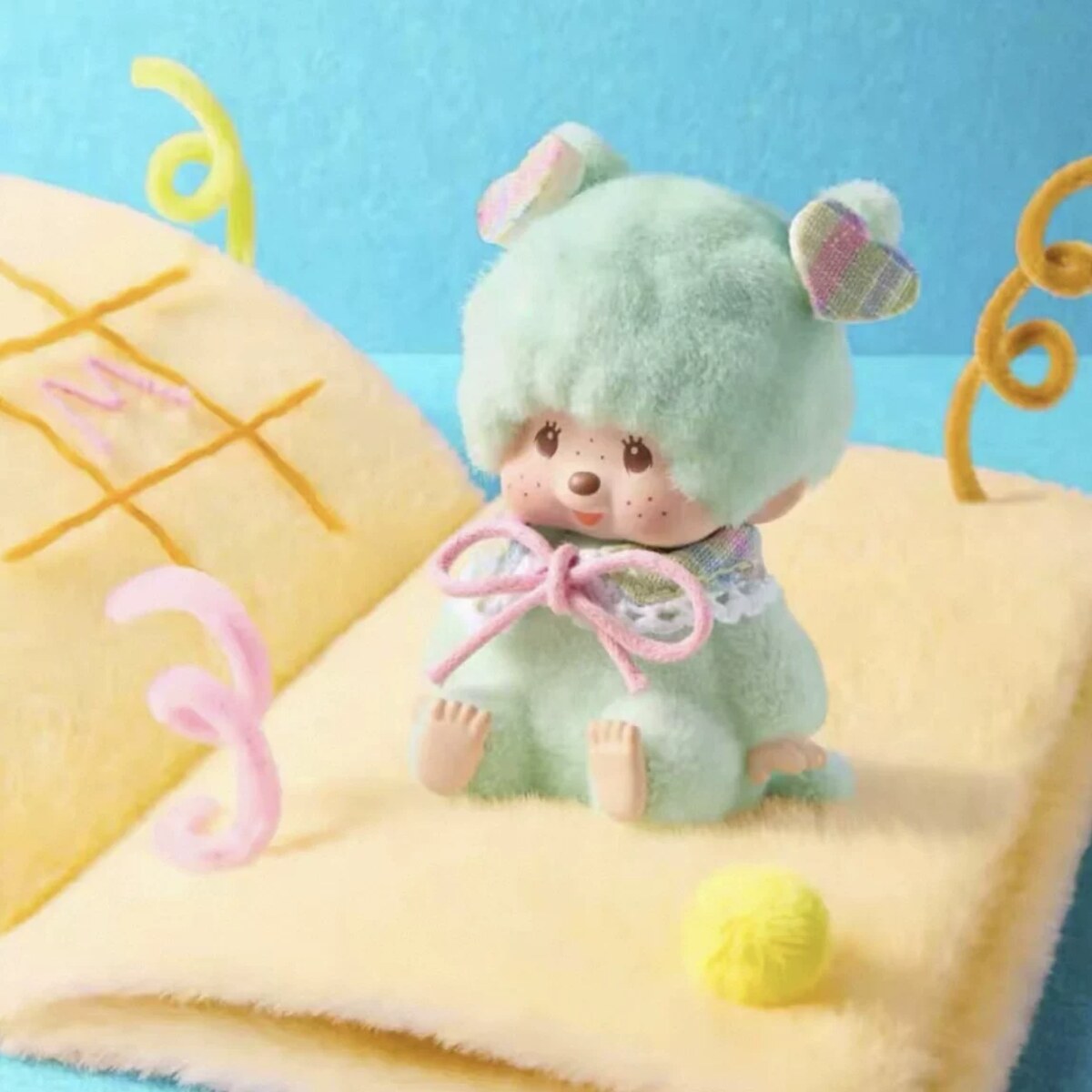 Monchhichi Macarons blind box plush pendant Mint Green design with pink bow