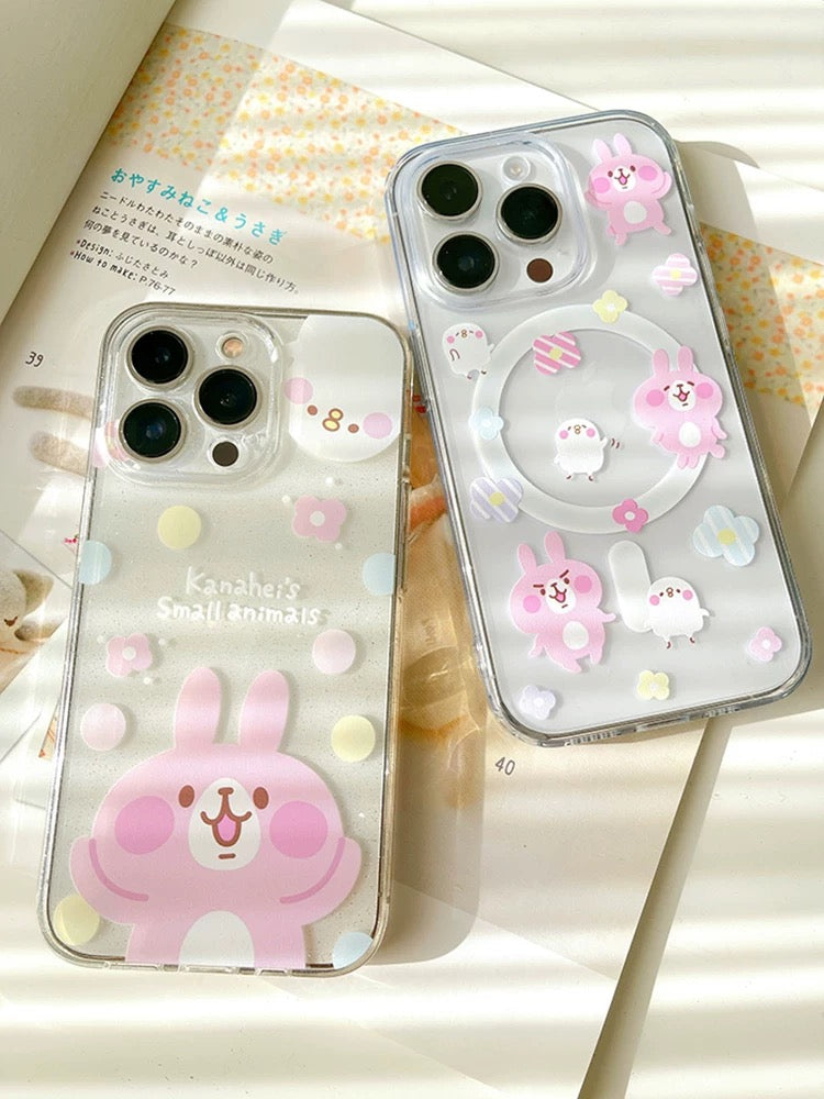 Japanese Cartoon Kanahei |  Dots & Flowers Pink Rabbit and White Chicken - iPhone Case 13 14 15 Pro Promax