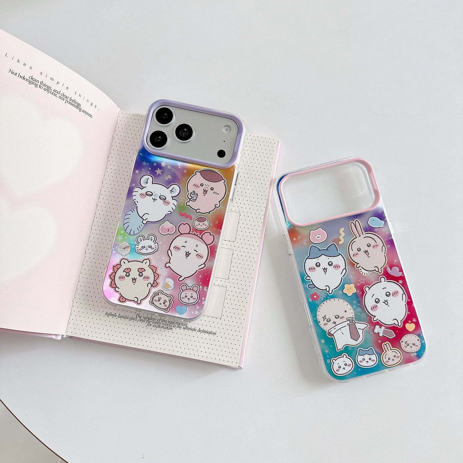 Japanese Cartoon ChiiKawa Laser Phone Case with Strap | Rainbow Galaxy with ChiiKawa Hachiware Usagi Momonga Rakko Kurimanju Shisa Furuhonya - Phone Case Samsung Galaxy S26 S25 S24 S23 S22 S21 FE Ultra Edge