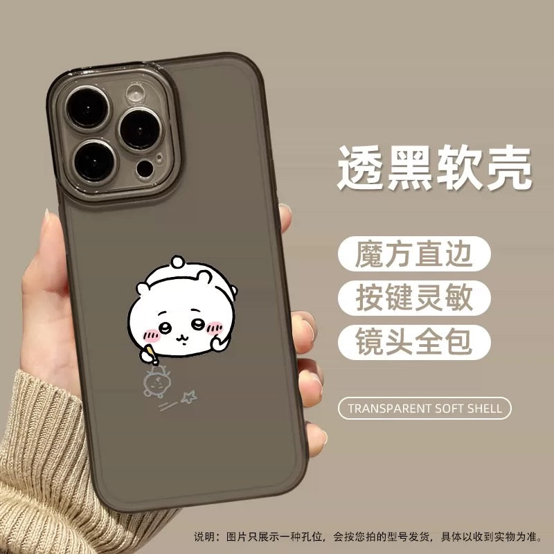 Japanese Cartoon ChiiKawa Black Clear Case | Chiikawa Hachiware Usagi Drawing on Floor - iPhone Case PLUS SE2 XS XR X 11 12 13 14 15 16 16e 17 17e Pro Promax 12mini 13mini
