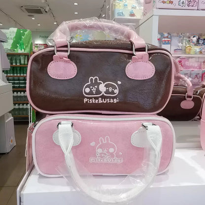 Kanahei X Miniso | Bowling Style Pink & Brown Handbag Usagi Piske Pink Rabbit White Chicken - Kawaii Make Up Bag Item Decoration