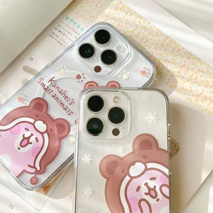 Japanese Cartoon Kanahei | Winter with Bear Hat Pink Rabbit and White Chicken - iPhone Case 12 13 14 15 Pro Promax