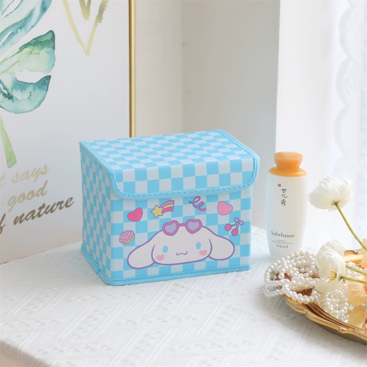 Japanese Cartoon Checkered Storage Box with Cover | Hello Kitty My Melody Kuromi Little Twin Stars Cinnamoroll Pompompurin Pochacco - Bedroom Girl Gift KawaiiGiftLand