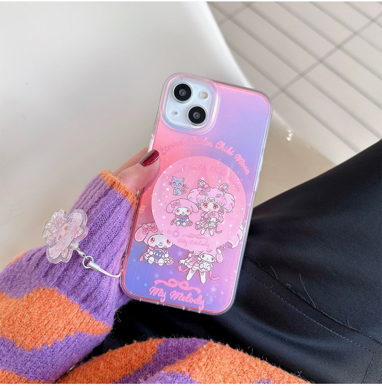 Japanese Cartoon iPhone Case with Strap | Laser Sailor Girl X My Melody Piano Marron Cream - iPhone Case Phone Case 7 8 PLUS SE2 XS XR X 11 12 13 14 15 16 Pro Promax 12mini 13mini