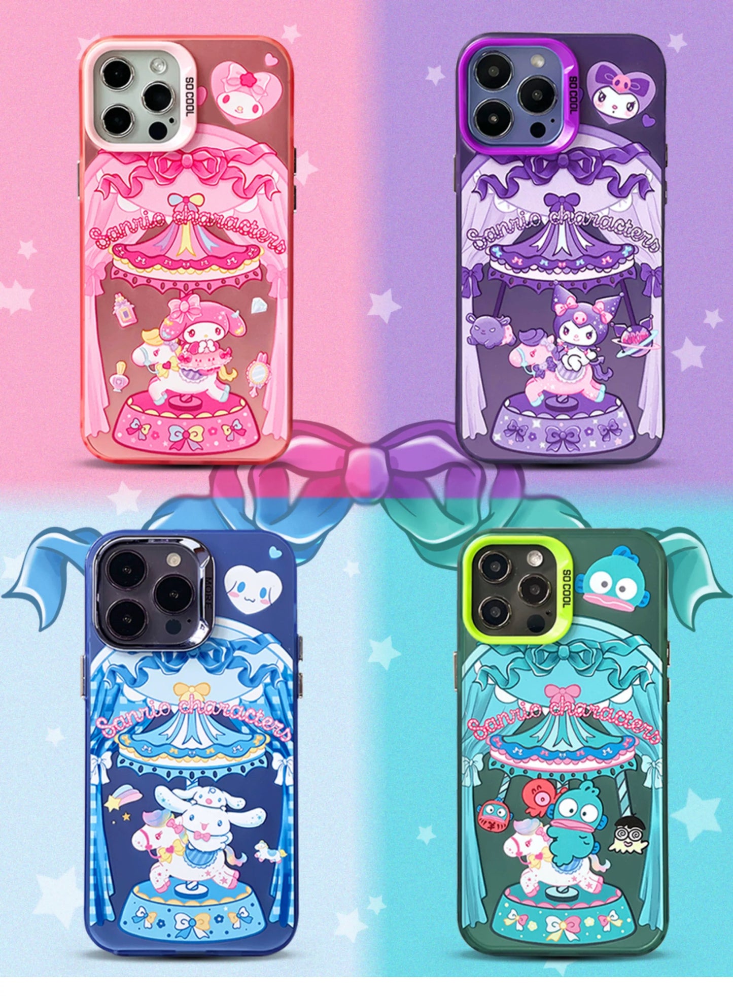 Japanese Cartoon Sanrio Merry Go Round | Kuromi with Friends Laser Colour Clear - iPhone Case 11 12 13 14 15 16 Pro Promax