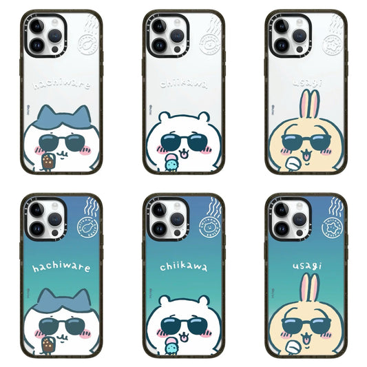 Japanese Cartoon ChiiKawa Clear with Transparent Black Frame Phone Case | ChiiKawa Hachiware Usagi Wear Sunglass and Eating Ice Cream Blue - iPhone Case 12 13 14 15 16 17 Pro Promax