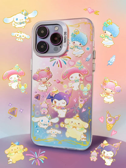 Japanese Cartoon Sanrio Firework Party | Little Twin Stars My Melody Kuromi Cinnamoroll Pompompurin Laser - iPhone Case 11 12 13 14 15 16 Pro Promax