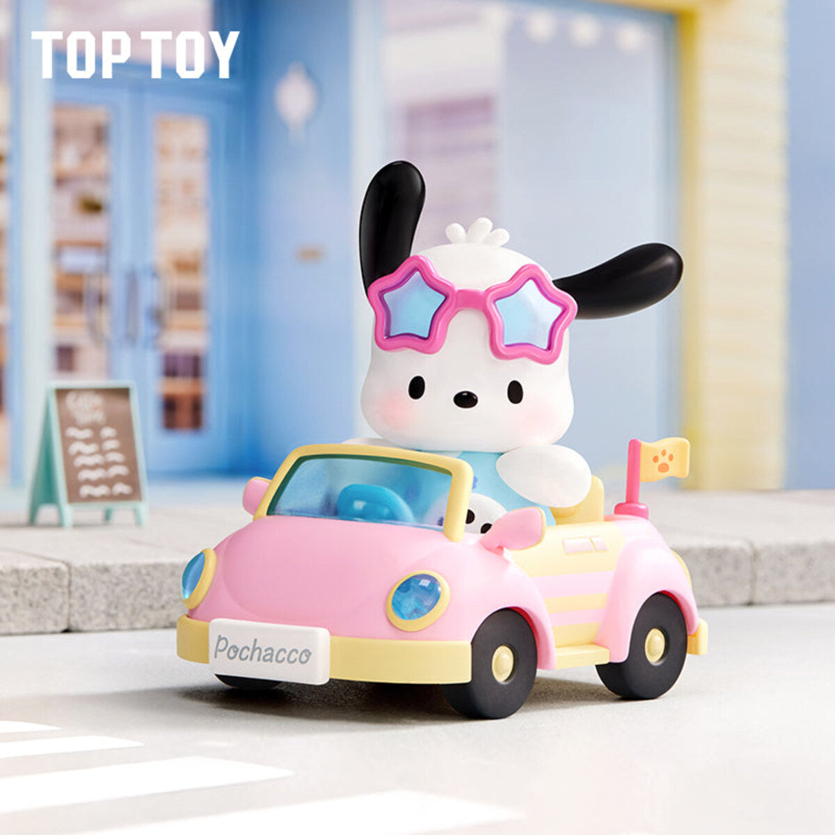 Pochacco Travel Diary Series pink convertible car vinyl figure with sunglasses - blind box design