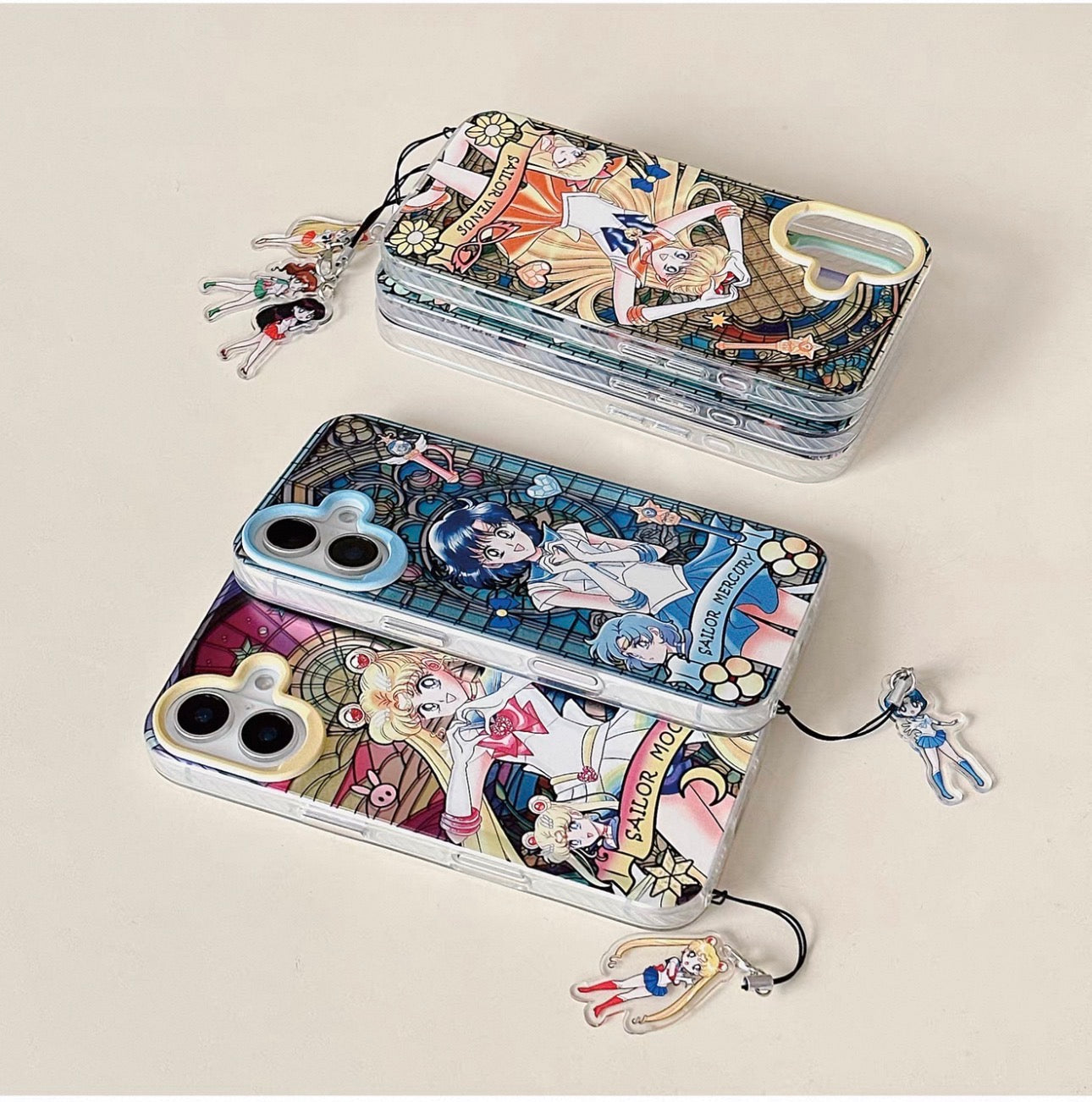 Japanese Cartoon Sailor Moon Phone Case with Strap Comic Version | Laser Glass Window Sailor Moon Mercury Mars Jupiter Venus - Phone Case Samsung Galaxy S26 S25 S24 S23 S22 S21 FE Ultra Edge
