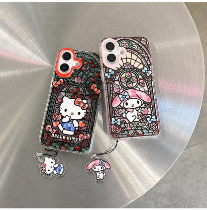 Japanese Cartoon Sanrio iPhone Case with Strap | Laser Glass Window Hello Kitty My Melody Kuromi Cinnamoroll - iPhone Case 7 8 PLUS SE2 XS XR X 11 12 13 14 15 Pro Promax 12mini 13mini