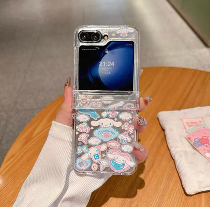 Cute Cartoon Case with Phone Strap | Full of Cinnamoroll Laser Bus Cafe & Sticker - Phone Case Samsung Galaxy Z Flip 3 4 5 6 7