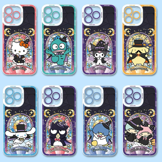 Japan Cartoon Halloween Glass Window Version | Hello Kitty Hangyodon Kuromi Pompompurin Cinnamoroll XO Bad Badtz Maru Tuxedosam Little Twin Stars - iPhone Case PLUS SE2 XS XR X 11 12 13 14 15 16 16e 17 17e Pro Promax 12mini 13mini
