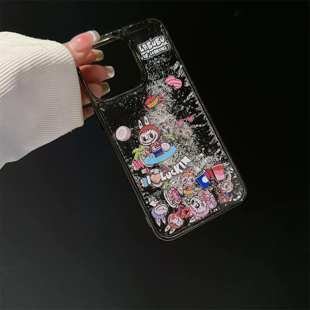 Cute Cartoon Labubu Zimomo QuickSand Glitter wth Black Case - iPhone Case 11 12 13 14 15 16 Pro Plus Promax