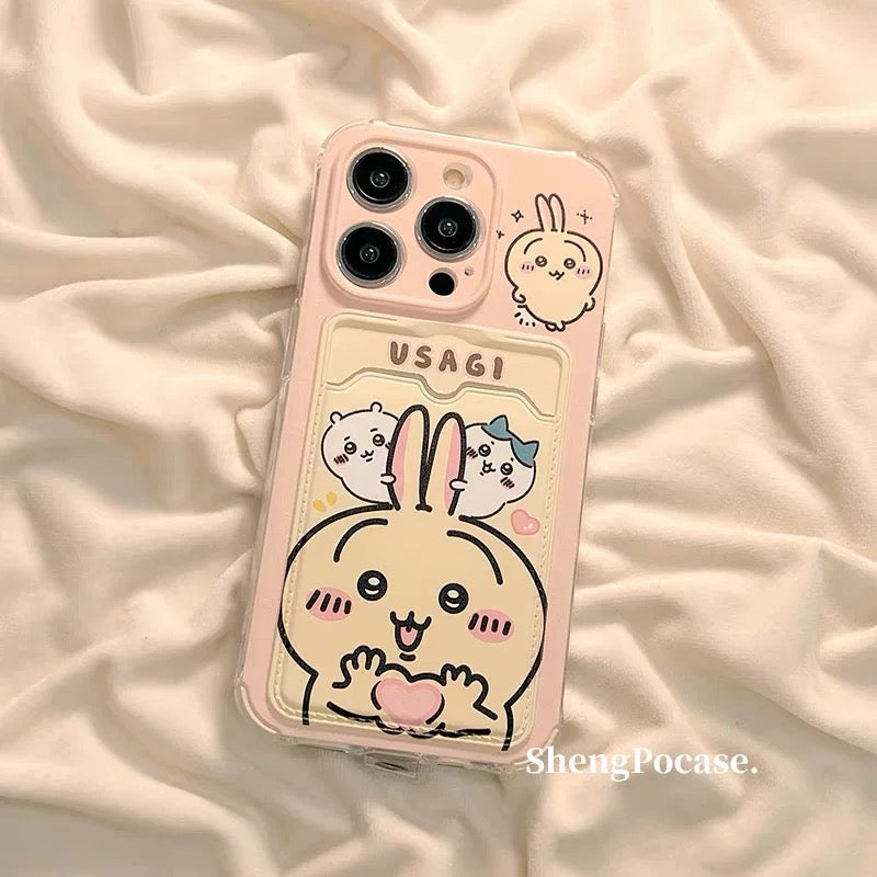 Japanese Cartoon Chiikawa | ChiiKawa Hachiware Usagi Happy Good with Card Holder & Handle Strap - iPhone Case 11 12 13 14 15 16 17 Pro Promax