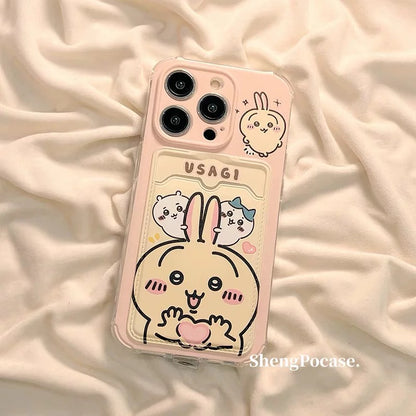 Japanese Cartoon Chiikawa | ChiiKawa Hachiware Usagi Happy Good with Card Holder & Handle Strap - iPhone Case 11 12 13 14 15 16 17 Pro Promax