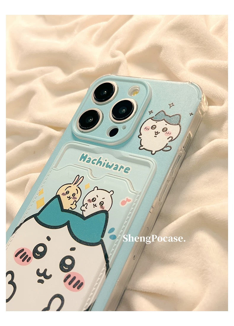 Japanese Cartoon Chiikawa | ChiiKawa Hachiware Usagi Happy Good with Card Holder & Handle Strap - iPhone Case 11 12 13 14 15 16 17 Pro Promax