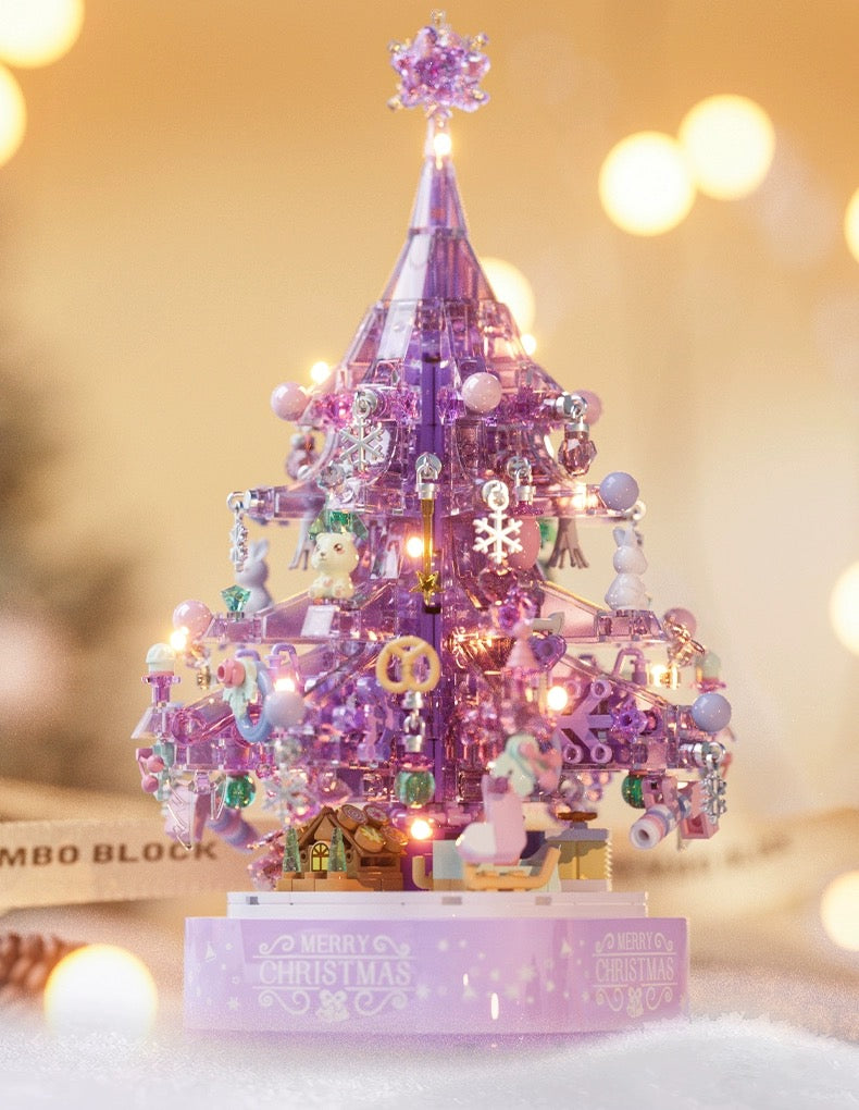Mini Block Building Block Crystal Christmas Tree Music Box | Purple - DIY Handmade Xmas Gift