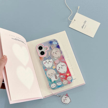 Japanese Cartoon ChiiKawa Laser Phone Case with Strap | Rainbow Galaxy with ChiiKawa Hachiware Usagi Momonga Rakko Kurimanju Shisa Furuhonya - iPhone Case PLUS SE2 11 12 13 14 15 16 16e 17 17e Pro Promax 12mini 13mini