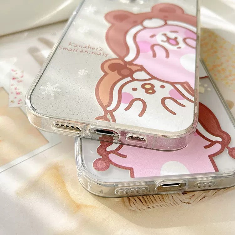 Japanese Cartoon Kanahei | Winter with Bear Hat Pink Rabbit and White Chicken - iPhone Case 12 13 14 15 Pro Promax