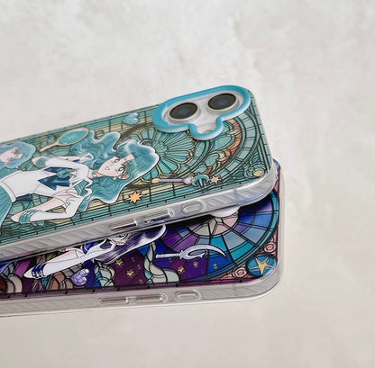 Japanese Cartoon Sailor Moon Phone Case with Strap Comic Version | Laser Glass Window Sailor Uranus Neptune Pluto Saturn Chibi Moon - Phone Case Samsung Galaxy S26 S25 S24 S23 S22 S21 FE Ultra Edge