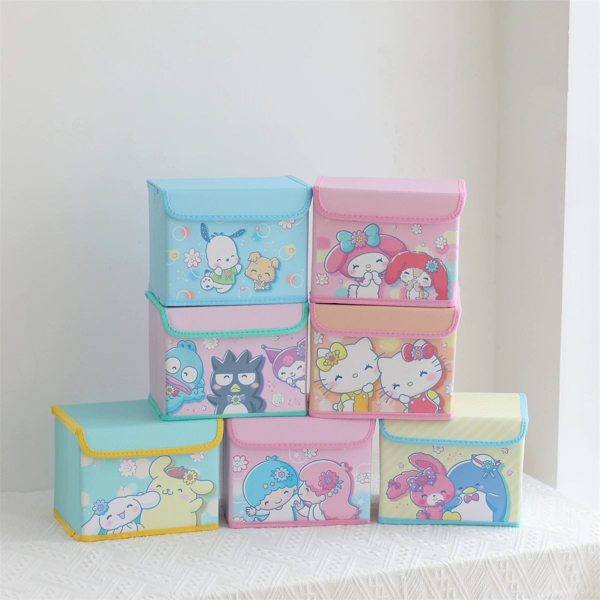 Sanrio Happy Comic Storage Box with Cover | Hello Kitty My Melody Kuromi Little Twin Stars Cinnamoroll Pompompurin Pochacco Hangyodon Sugar Bunnies - Bedroom Girl Gift