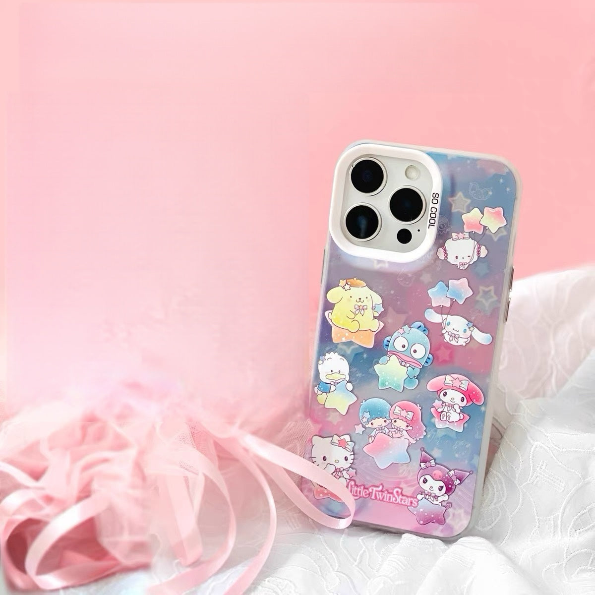Japanese Cartoon Sanrio Pastel Starry Party Laser Case | Hello Kitty Lttle Twin Stars My Melody Kuromi Cinnamoroll Pompompurin Hangyodon AhirunoPekkle Cogimyun - iPhone Case 11 12 13 14 15 16 16e 17 17e 18 Pro Promax