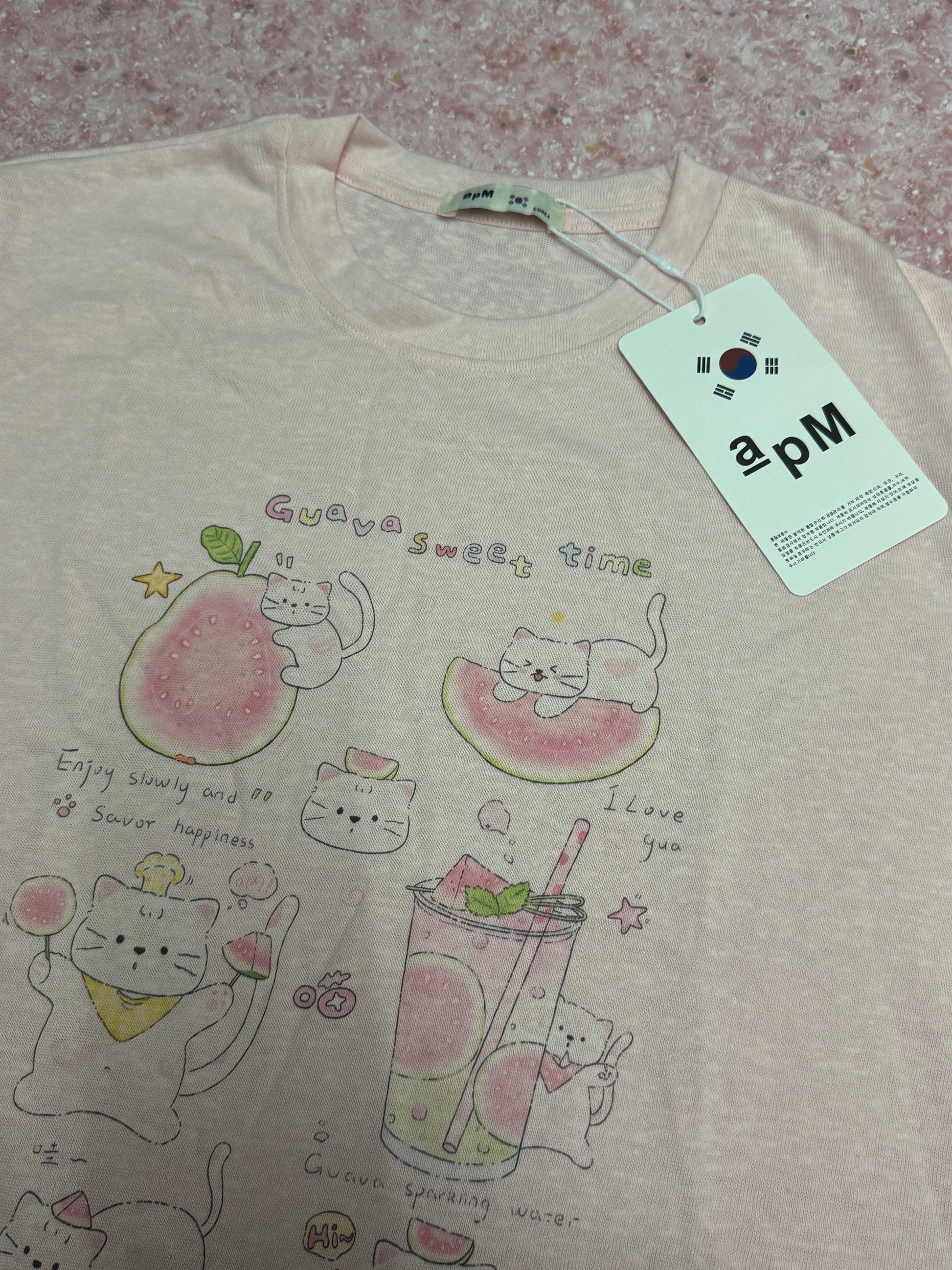Korean Fashion Cute Animals Style T-Shirt Series | Happy White Cat Guava Sweet time - Kawaii Fashion Items