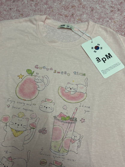 Korean Fashion Cute Animals Style T-Shirt Series | Happy White Cat Guava Sweet time - Kawaii Fashion Items