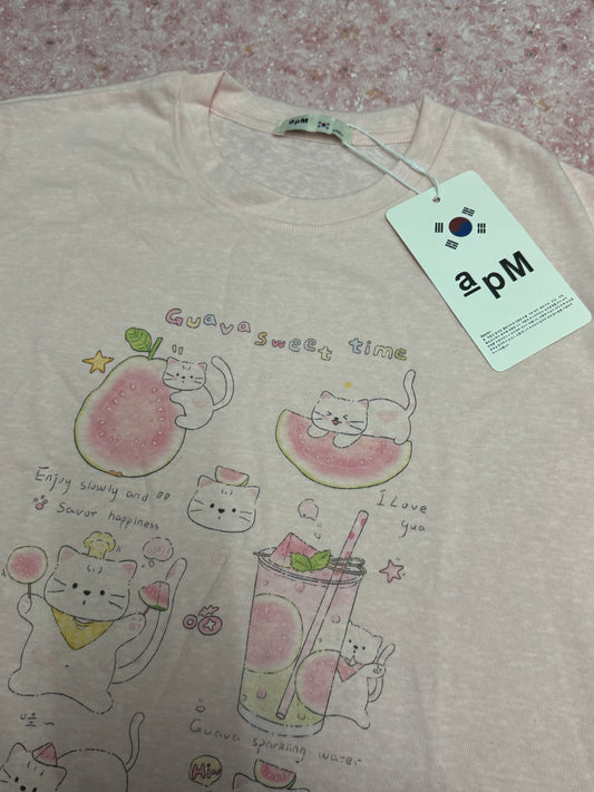 Korean Fashion Cute Animals Style T-Shirt Series | Happy White Cat Guava Sweet time - Kawaii Fashion Items