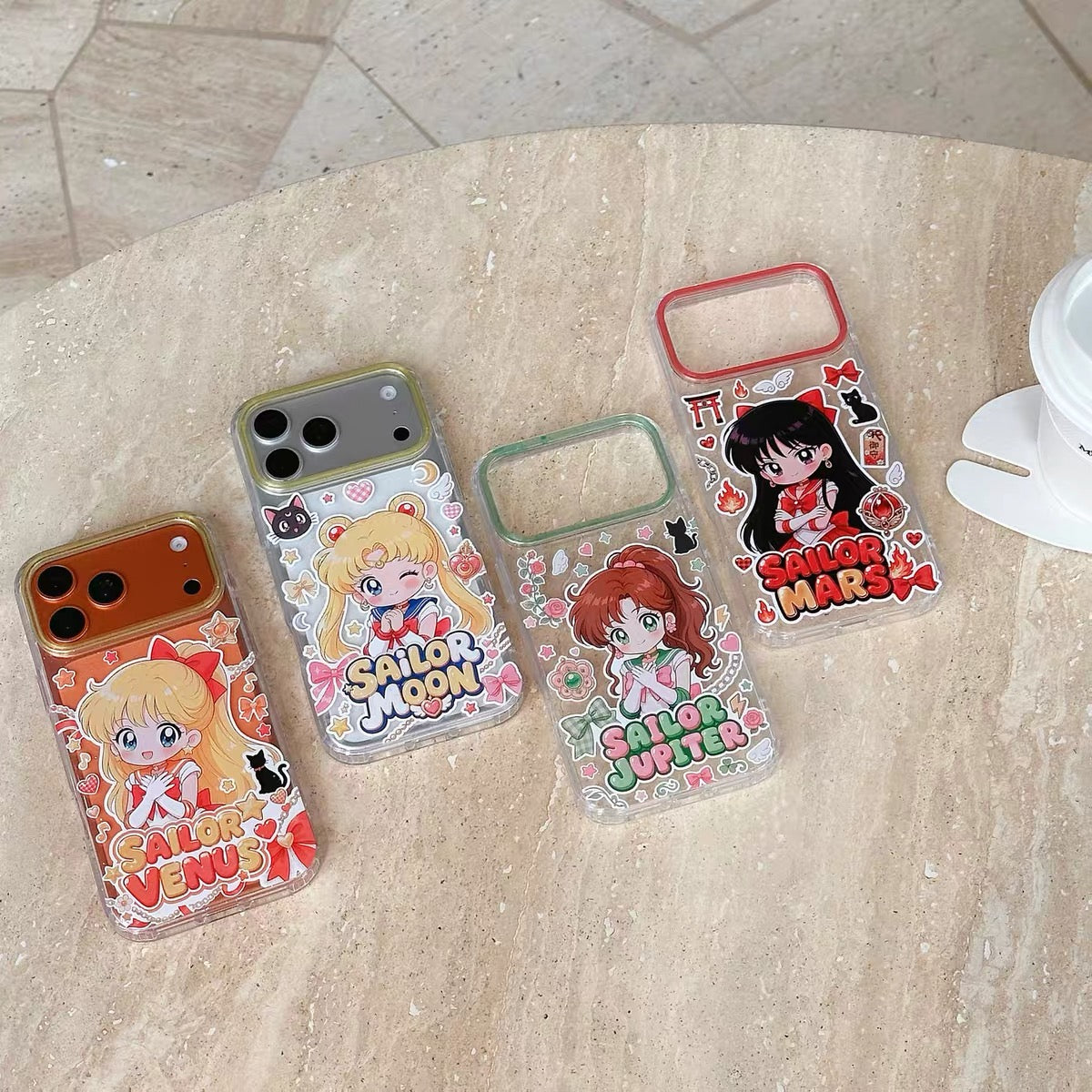 Japanese Cartoon Sailor Moon Gittler Colour Clear Case Version | Sailor Moon Mercury Mars Jupiter Venus - iPhone Case PLUS SE2 XS XR X 11 12 13 14 15 16 16e 17 17e Pro Promax 12mini 13mini