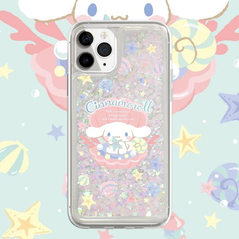 Japanese Cartoon Cinnamoroll in Shell - Silver Pink Heart Glitter QuickSand iPhone Case 6 7 8 PLUS SE2 XS XR X 11 12 13 14 15 Pro Promax 12mini 13mini