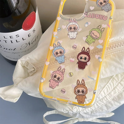 Cute Cartoon Labubu Zimomo with Macarons Yellow Line - iPhone Case 13 14 15 Pro Promax